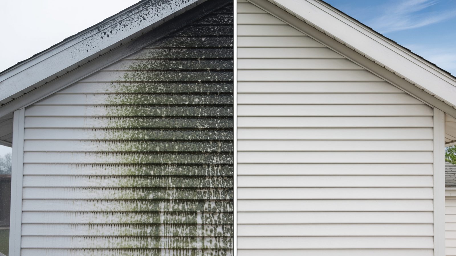 Vinyl siding shown before and after a low-pressure soft wash removes mildew and algae