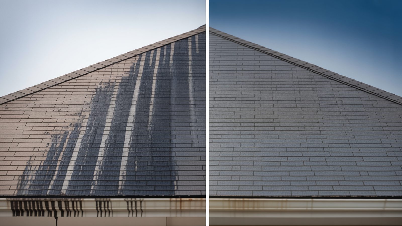 Asphalt shingle roof shown before and after soft washing removes black algae streaks